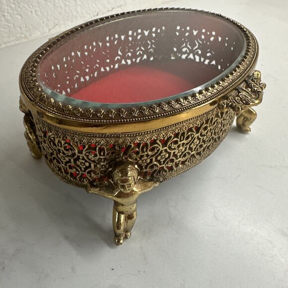 Vintage Ormulu Cherub Vanity Footed Jewelry Trinket Brass Box With Glass Top NIB - Picture 9 of 16